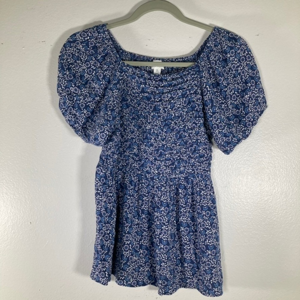 Market & Spruce XL Blue Floral Smocked Puff Sleeve Top XL WE-KGW14013